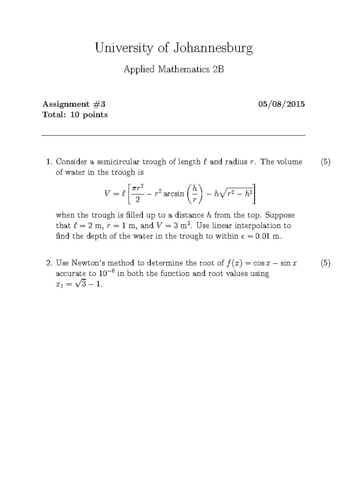 Assignment 3 - University of Johannesburg Applied Mathematics 2B ...