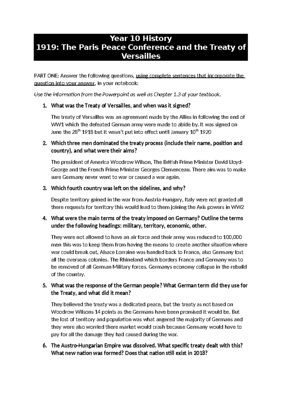 Treaty of Versailles Task - Year 10 History 1919: The Paris Peace ...