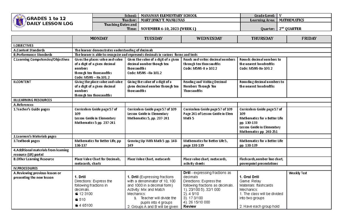 DLL Mathematics 5 Q2 W1 - NONE - GRADES 1 to 12 DAILY LESSON LOG School ...