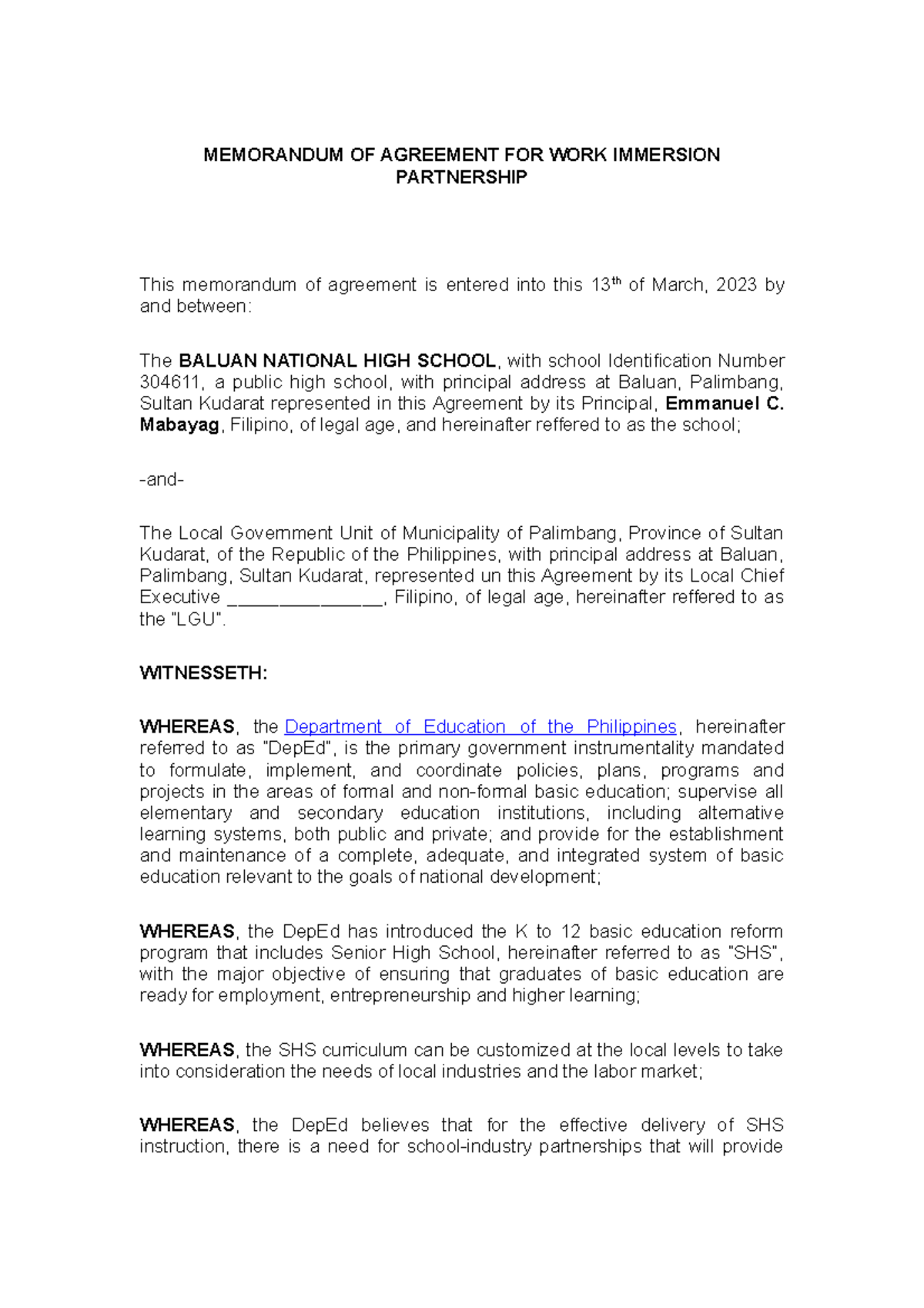 MOA WITH Partner - MEMORANDUM OF AGREEMENT FOR WORK IMMERSION ...