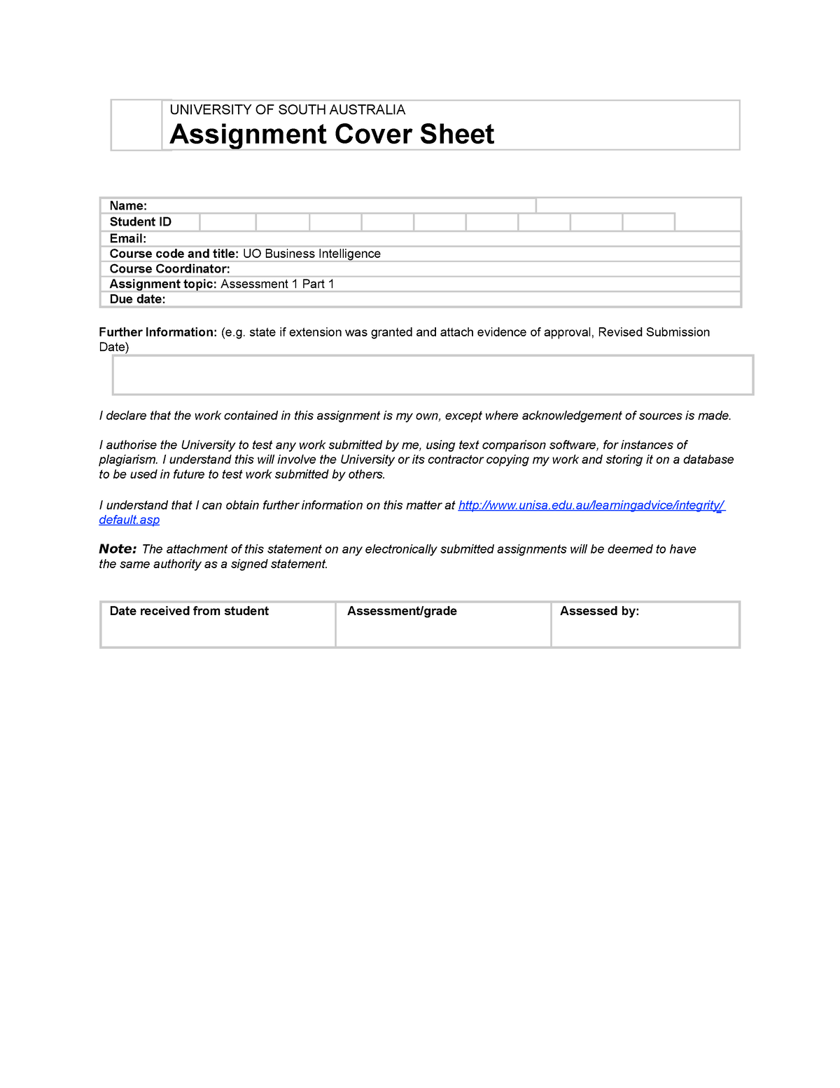 Uni SA Cover Sheet for all the assignments - Name: Student ID Email ...