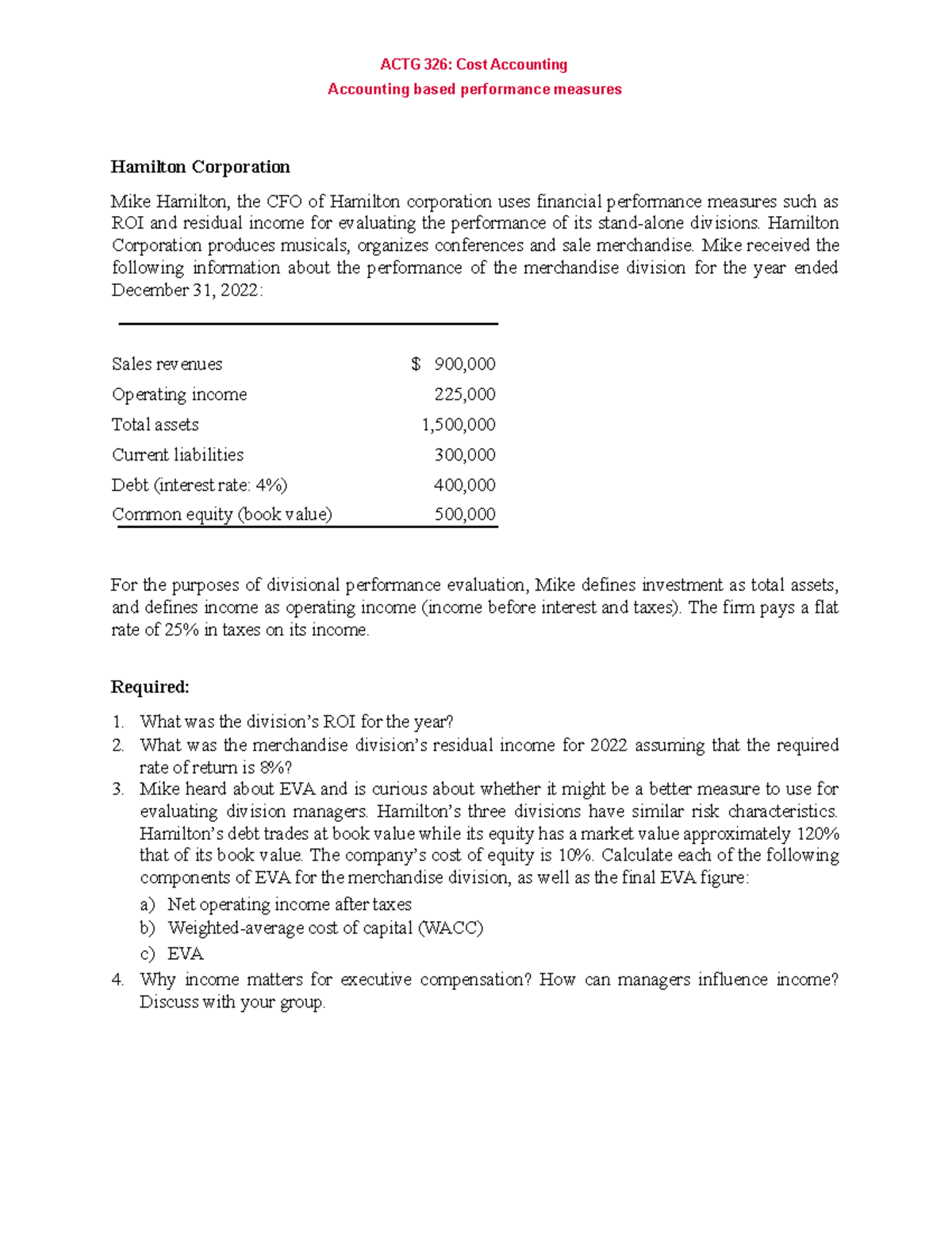 Hamilton Corporation soluation ACTG 326 Cost Accounting Accounting