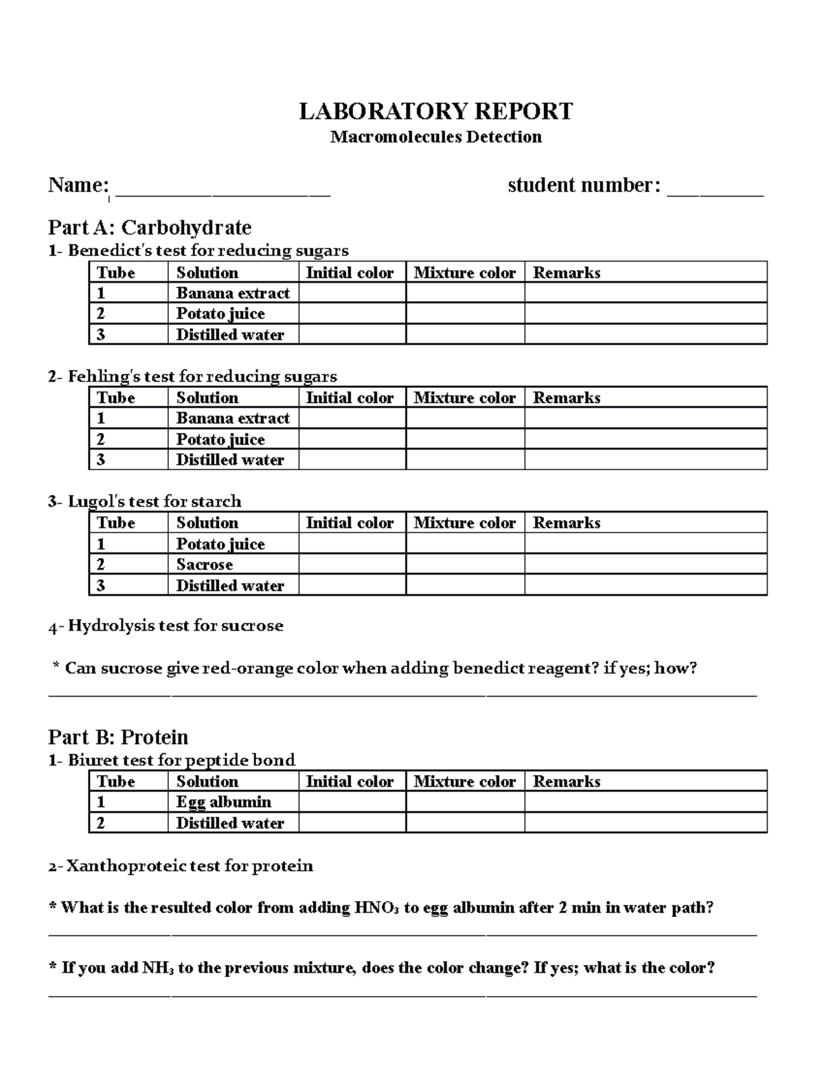 Biochemistry Laboratory Report LABORATORY REPORT Macromolecules