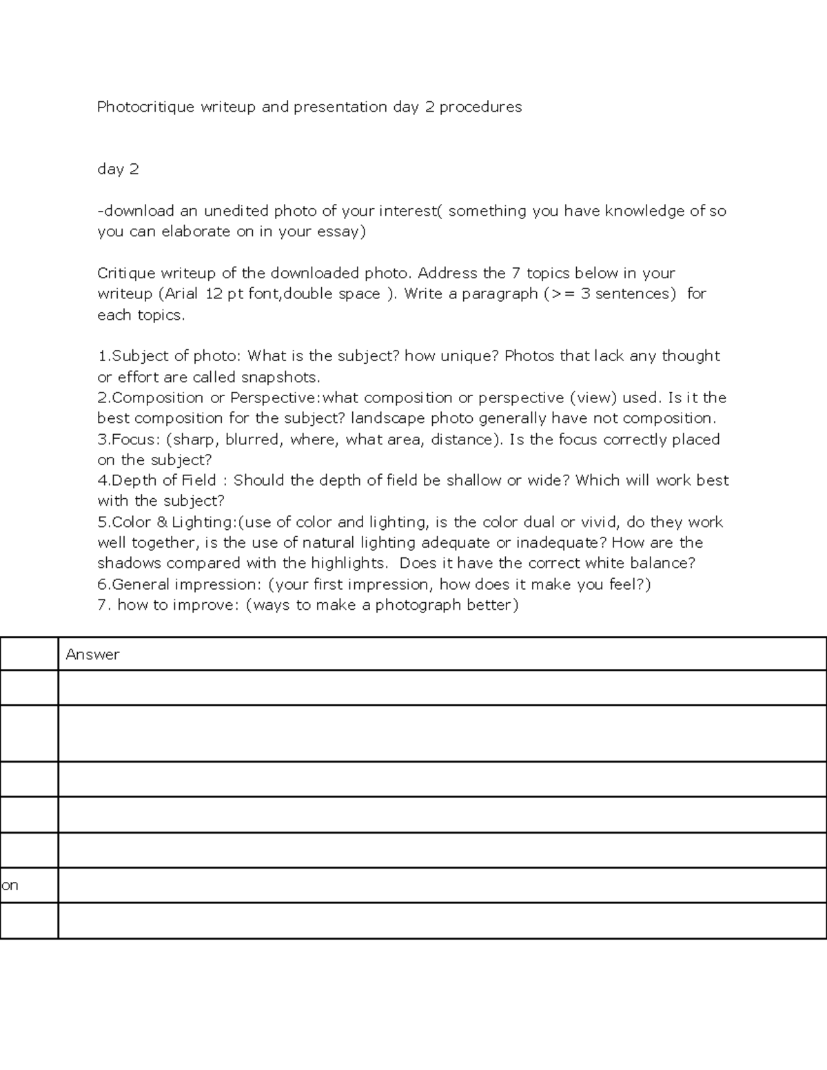 Photocritique writeup and presentation day 2 - Address the 7 topics ...
