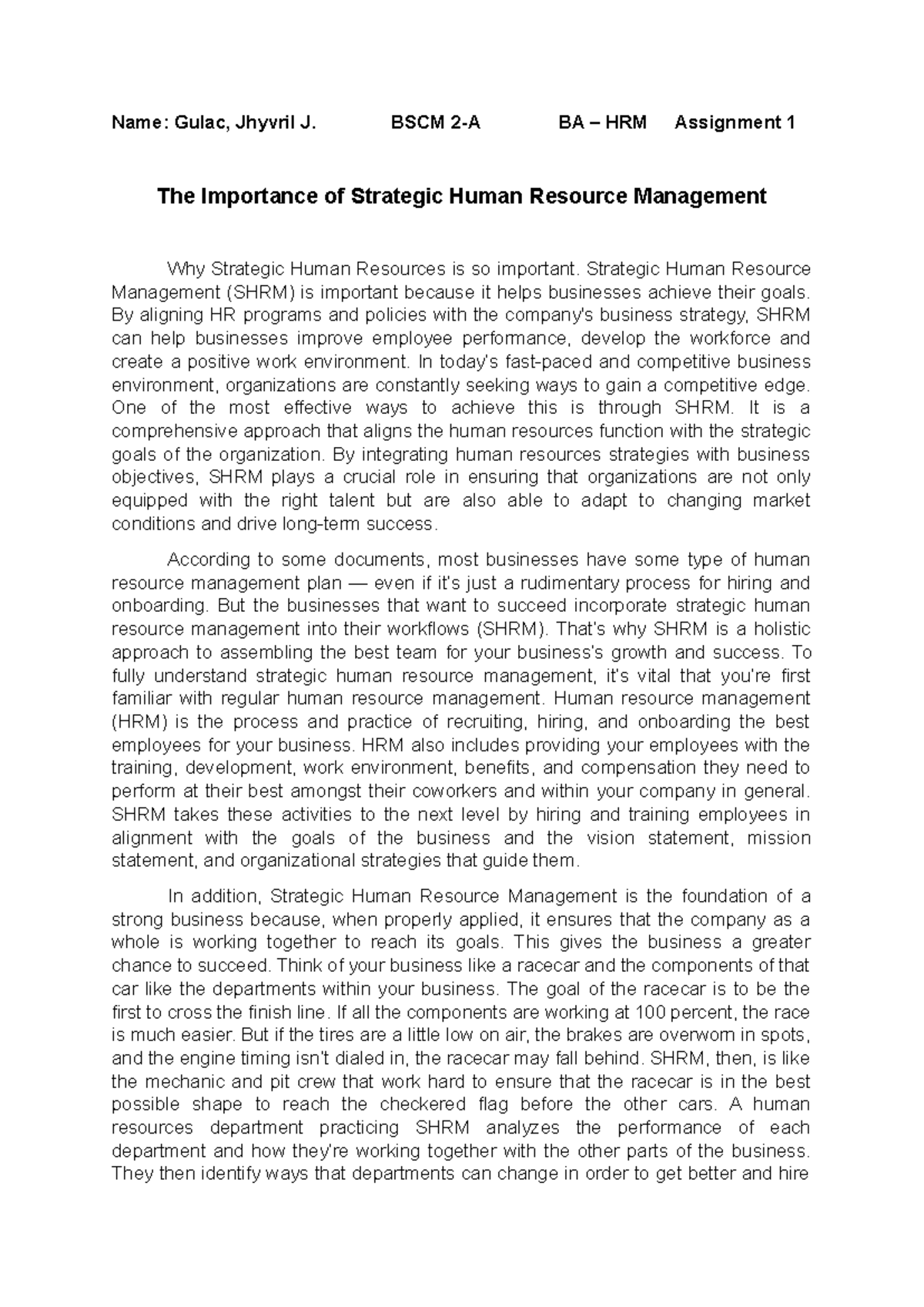 The Importance of Strategic Human Resource Management - Name: Gulac ...