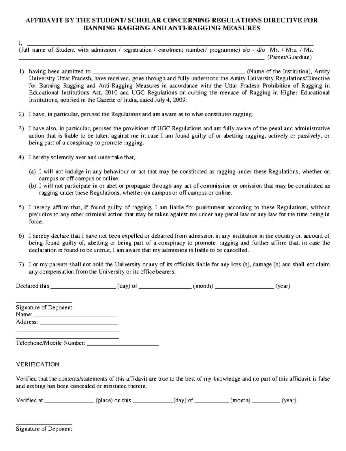 ANTI- Ragging Affidavit BY Student FOR Registration & RE-REGN AY 2024 ...