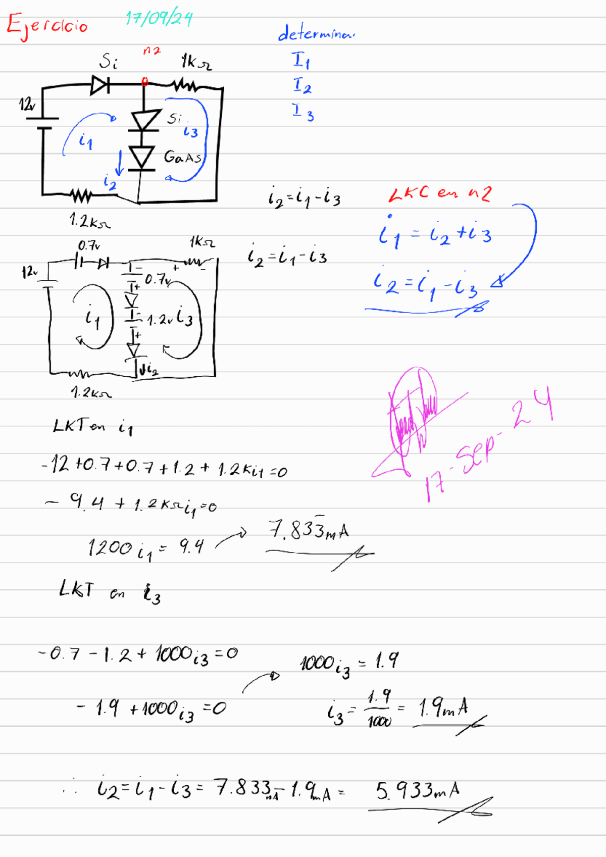 Electrónica 241003 184334 - Ejercicio 17/09/24 determina. Si n2 1kr I1 ...