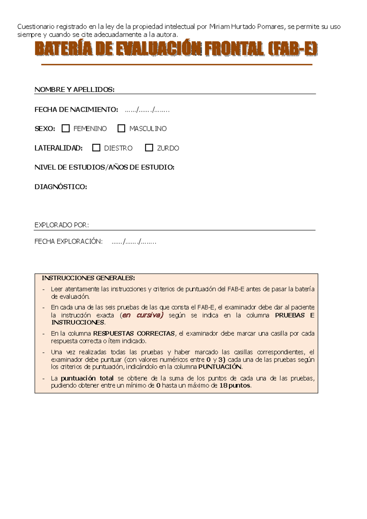 FAB-E - TEST FAB - Cuestionario registrado en la ley de la propiedad ...