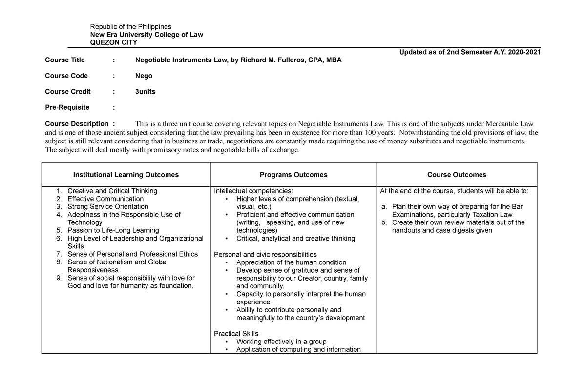 Negotiable Instruments Law Syllabus - Republic Of The Philippines New 