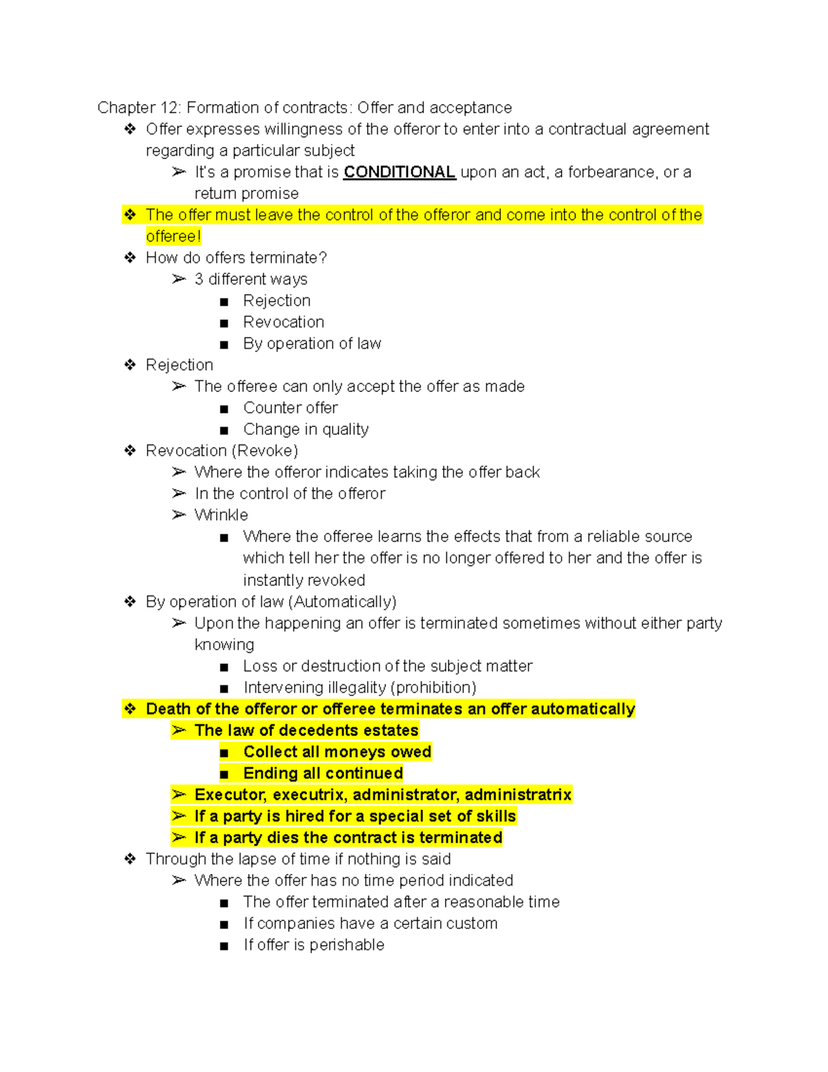 Blaw notes - Chapter 12: Formation of contracts: Offer and acceptance ...
