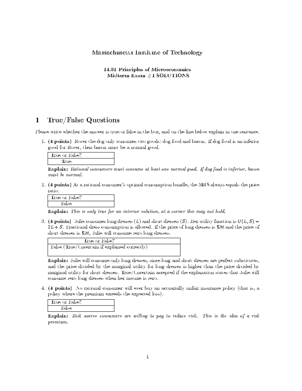 14.01 Principles Of Microeconomics Midterm Exam #1 With Solutions ...