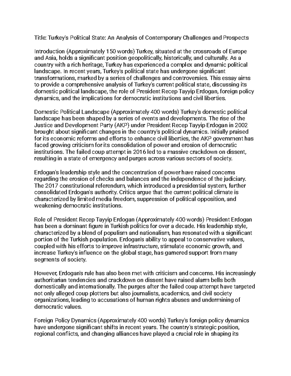 Turkey History essay - Title: Turkey's Political State: An Analysis of ...