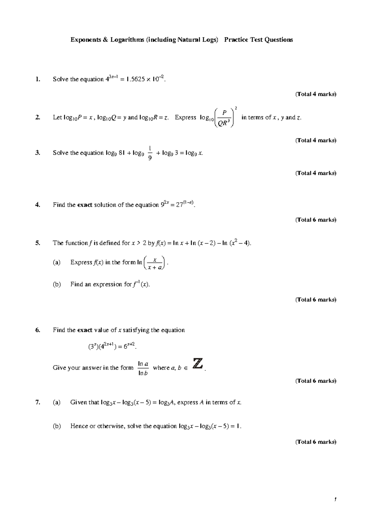 Exponents & Logs Practice Test - Exponents & Logarithms (including ...