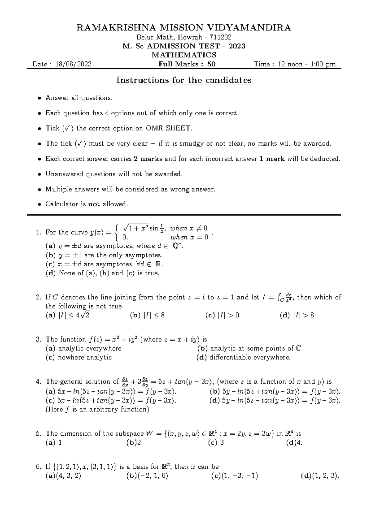 Mathematics PG - Only suggestion - RAMAKRISHNA MISSION VIDYAMANDIRA ...
