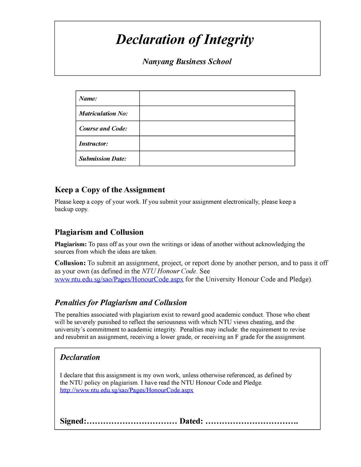 Declaration Of Integrity Form - Declaration Of Integrity Nanyang ...