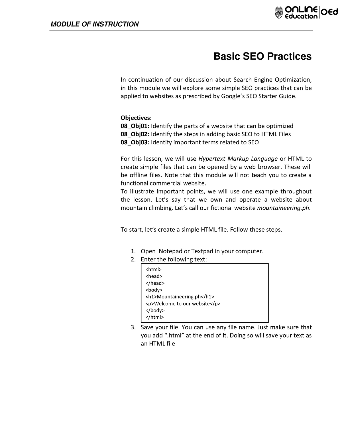 Basic SEO Practices - MODULE OF INSTRUCTION Basic SEO Practices In ...