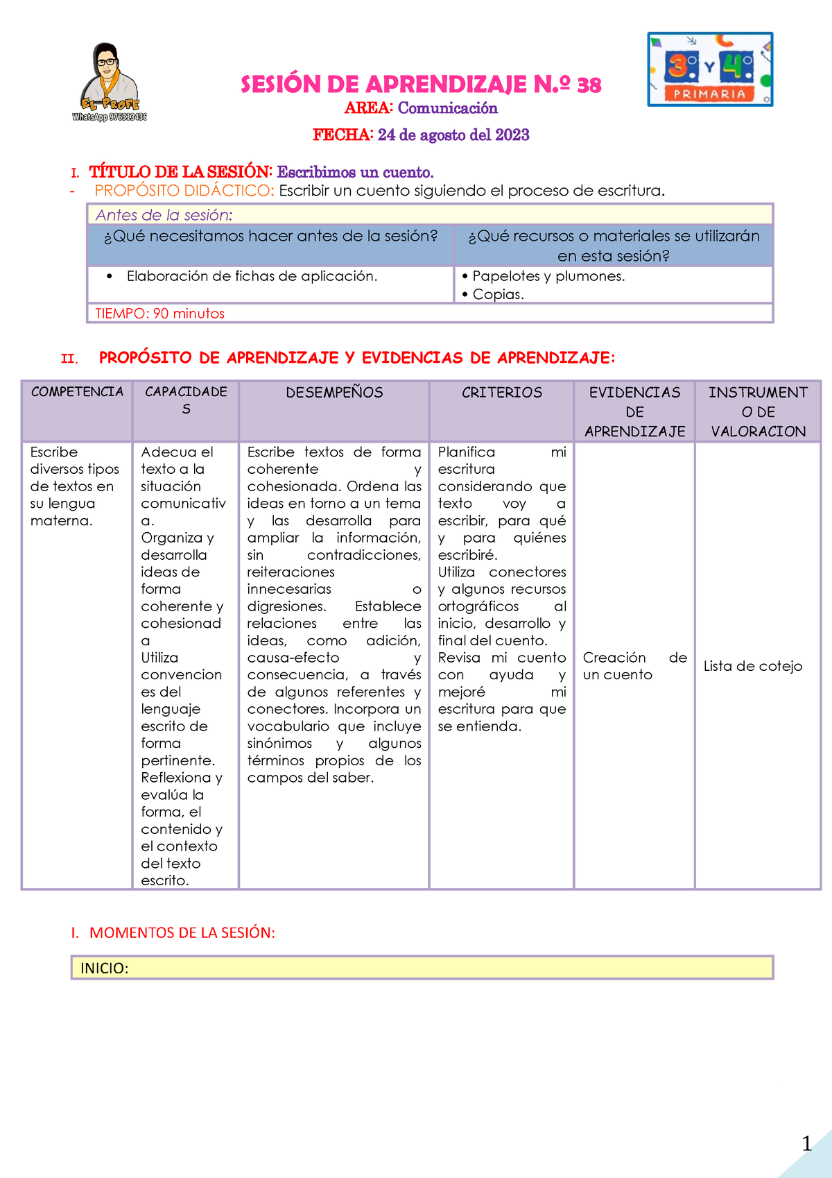 Sesion 28-IV Ciclo-COM-Escribimos Un Cuento - SESIÓN DE APRENDIZAJE N.º ...