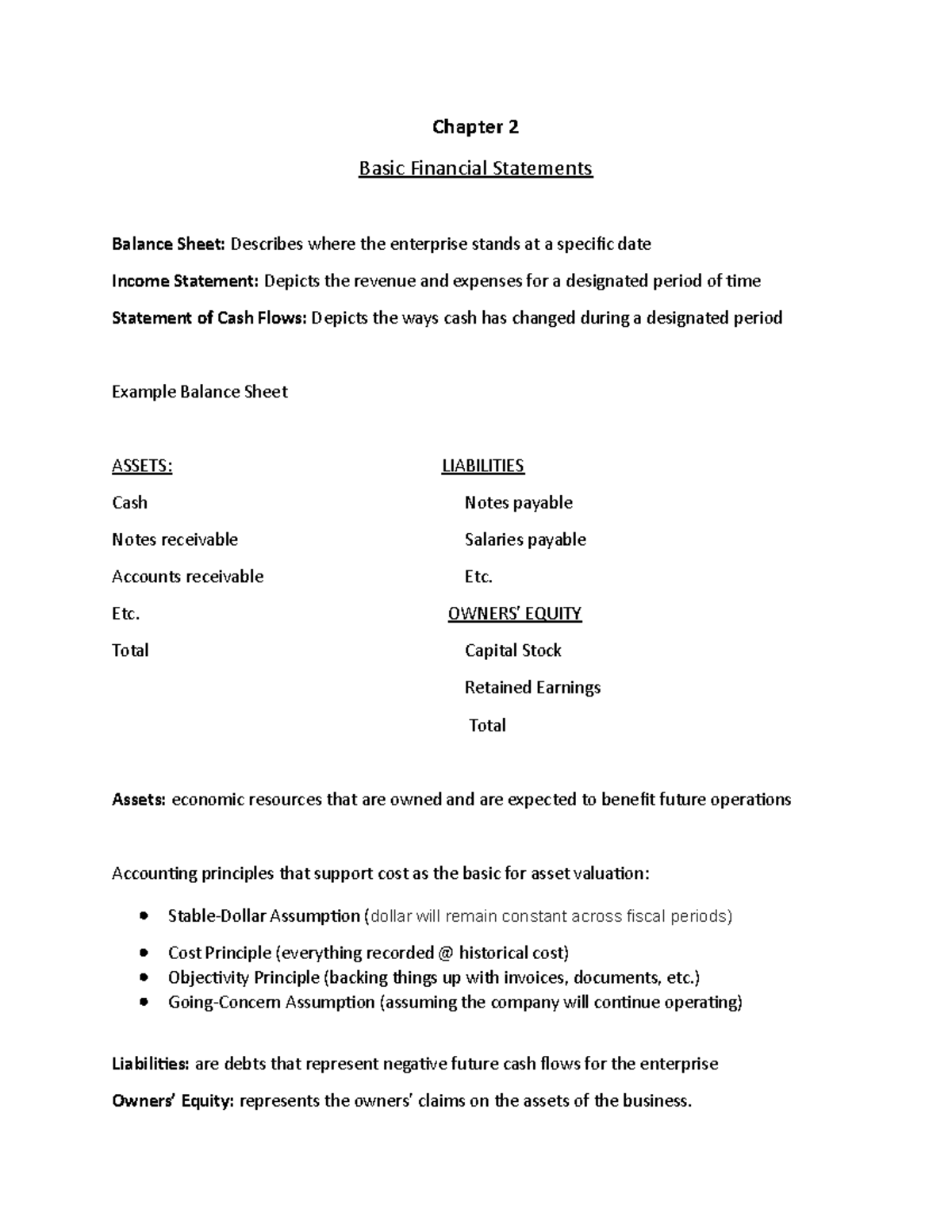 Chapter 2 - Lecture notes 3 - Chapter 2 Basic Financial Statements ...