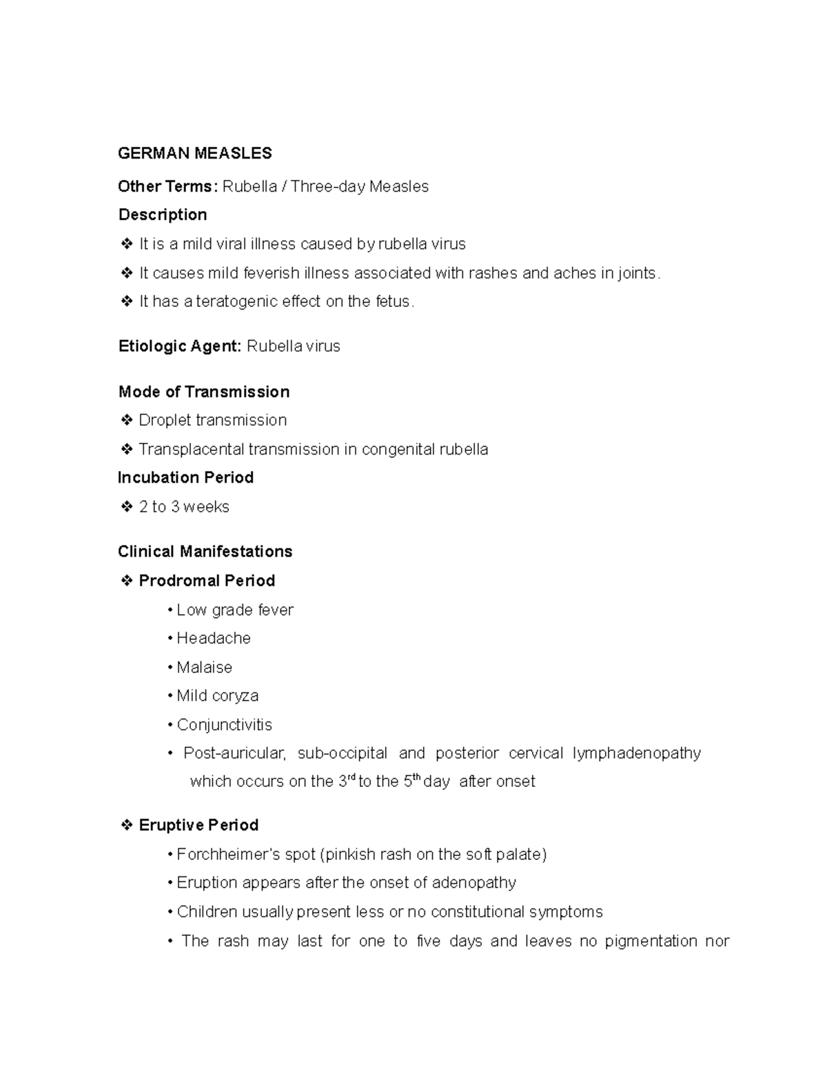 German Measles - NOTES - GERMAN MEASLES Other Terms: Rubella / Three ...