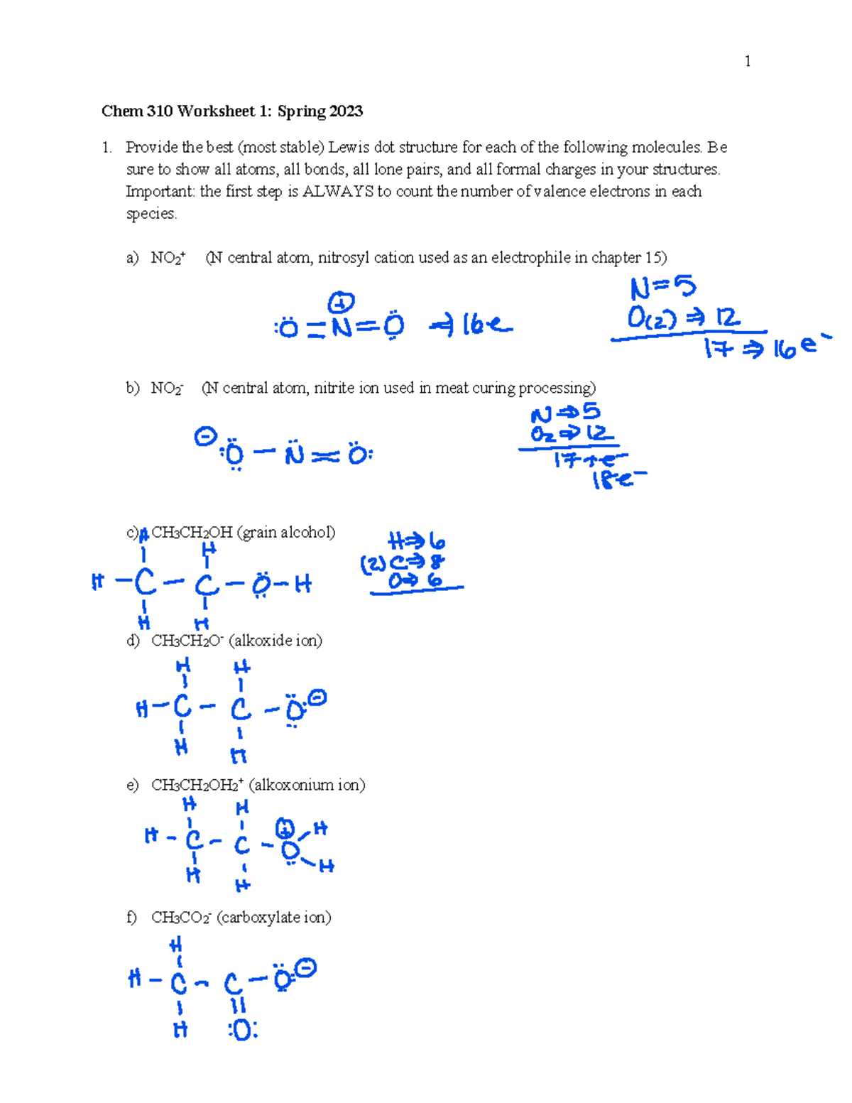 Worksheet 1 - Orgo 1 Lewis Structures and Bond Line - Chem 310 ...