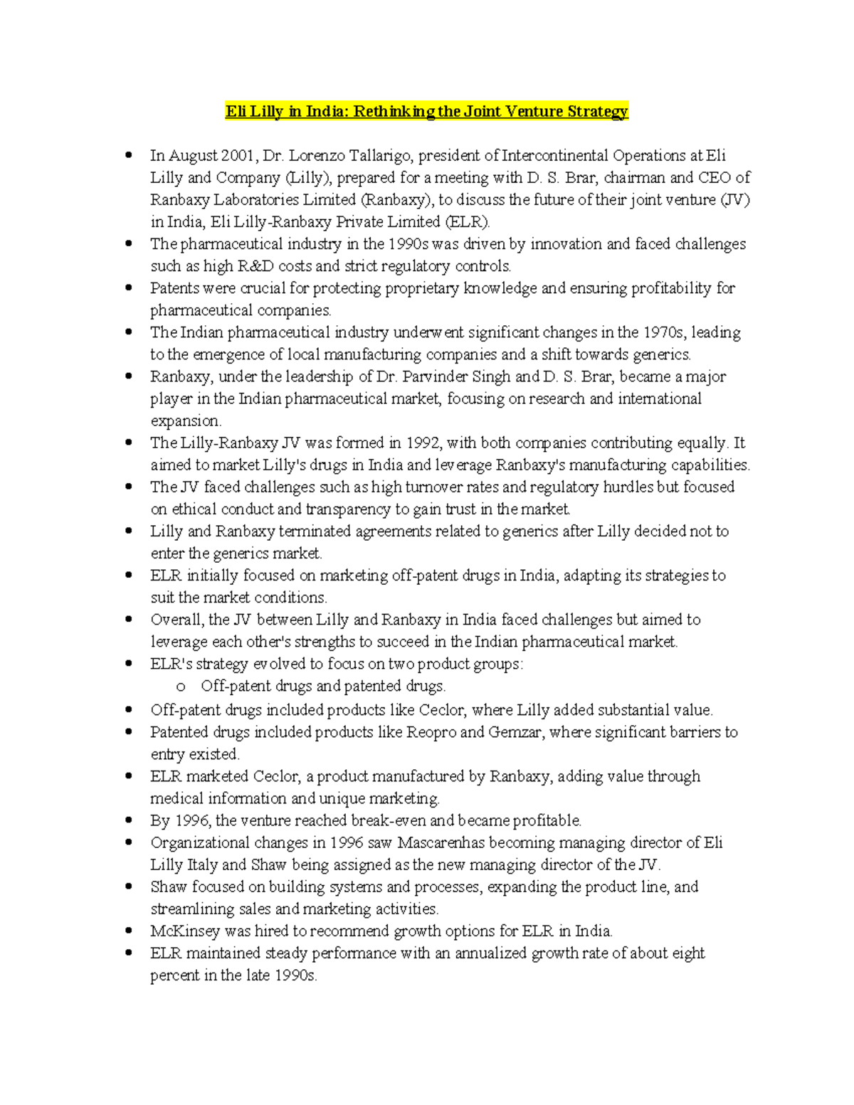 Eli Lilly in India - Reading notes - Eli Lilly in India: Rethinking the ...