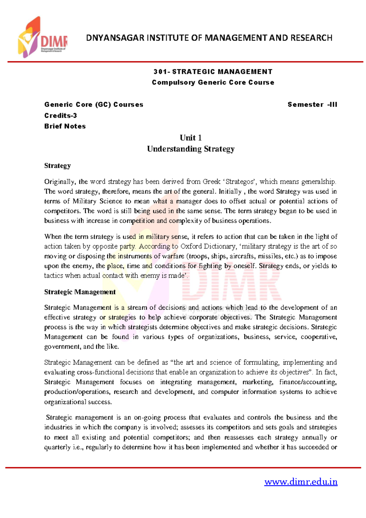 GC-301-Notes - notes - 301 - STRATEGIC MANAGEMENT Compulsory Generic ...