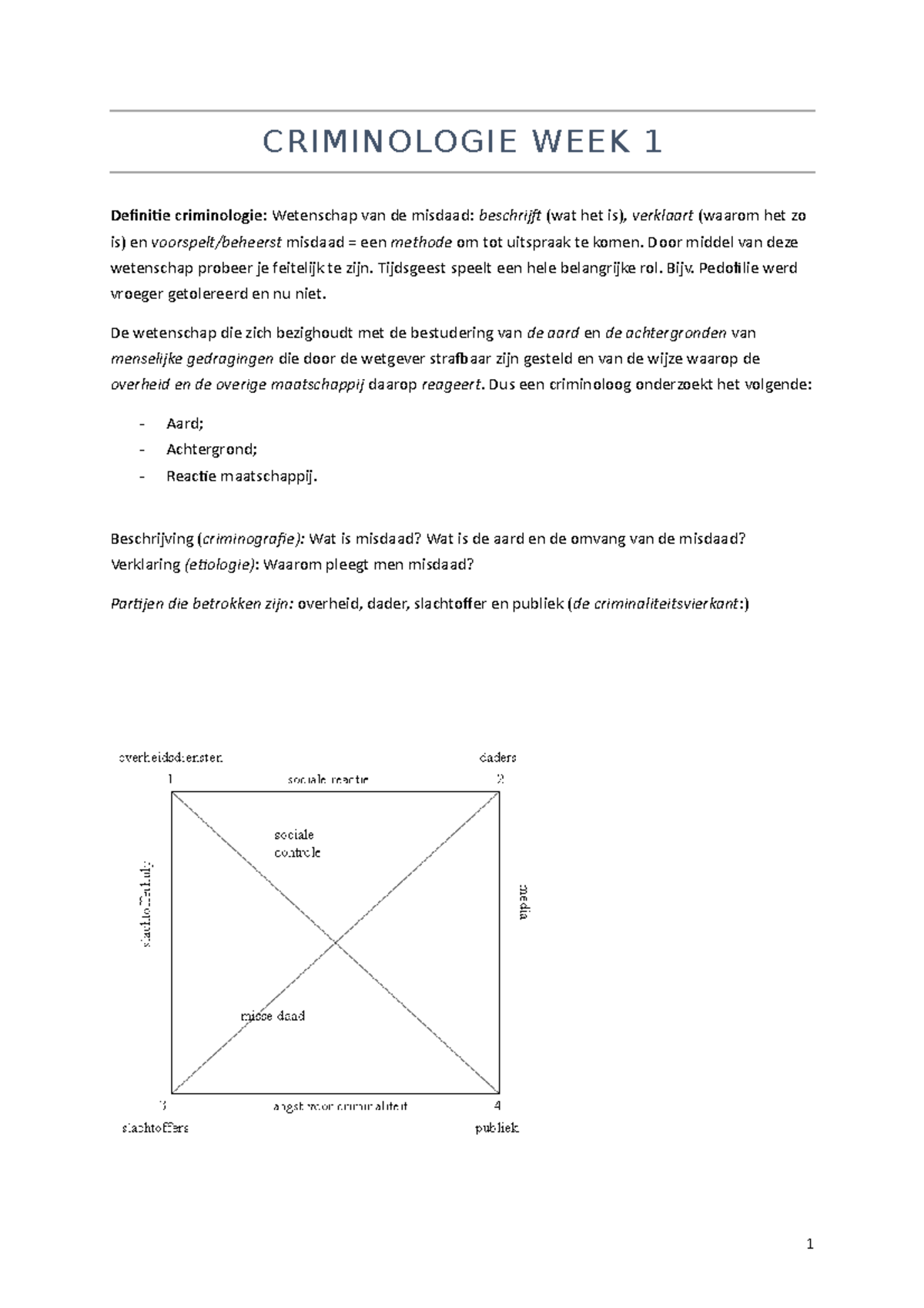 Criminologie aantekeningen CRIMINOLOGIE WEEK 1 Definitie criminologie Wetenschap van de