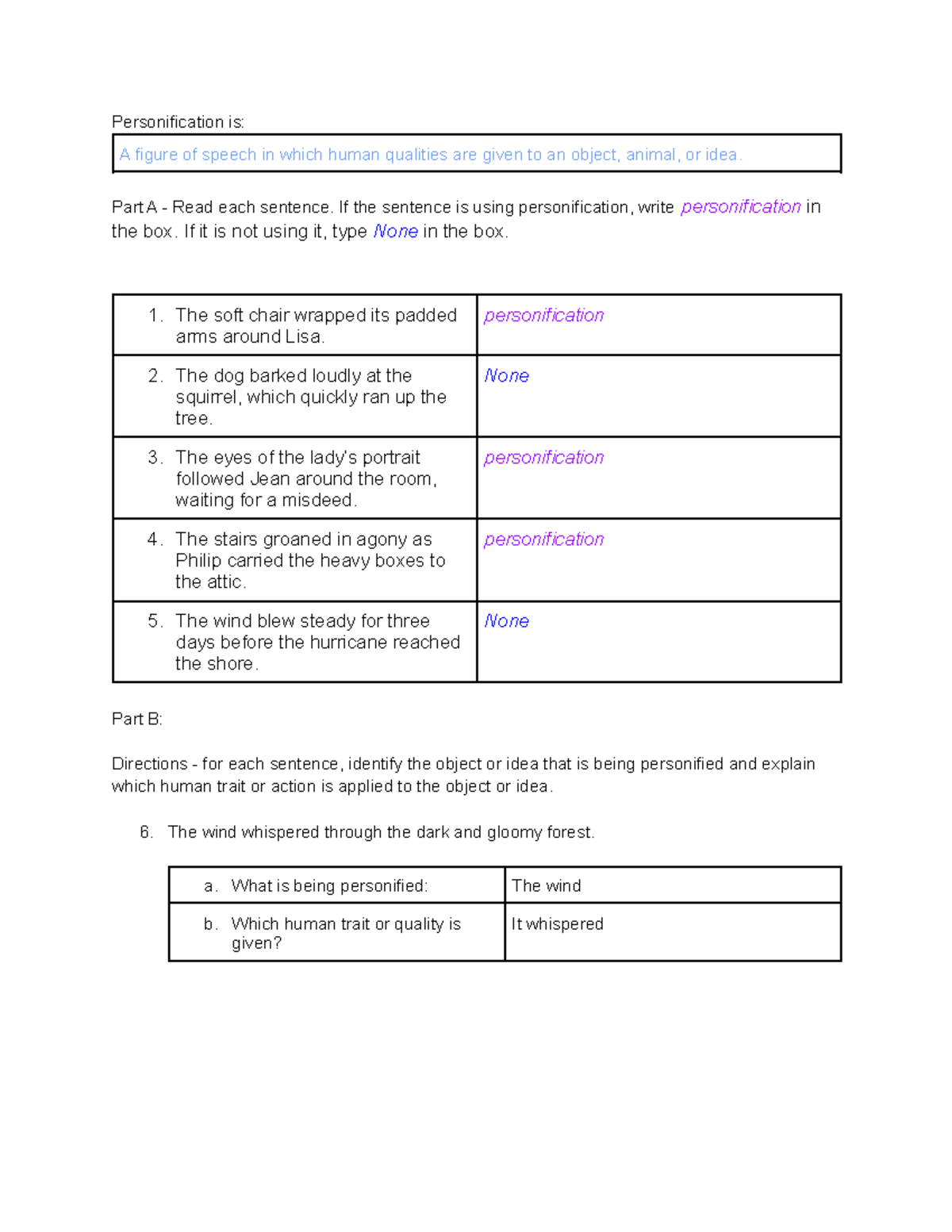 Personification 1 Practice - Personification Is: A Figure Of Speech In 