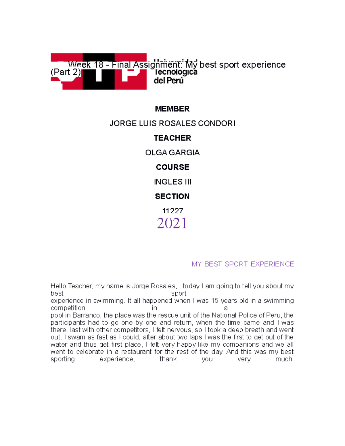 MY BEST Sport Experience ingles lll Week 18 Final Assignment My