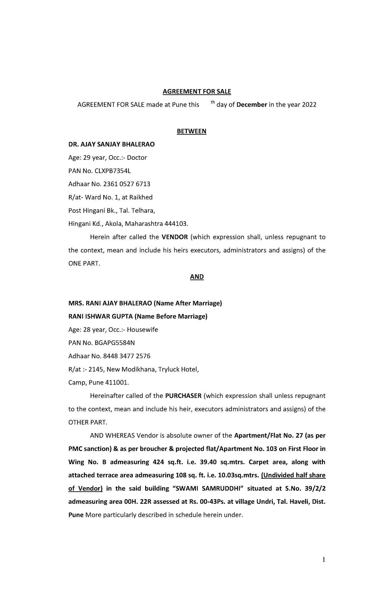 Agreement To Sale - AGREEMENT FOR SALE AGREEMENT FOR SALE made at Pune ...
