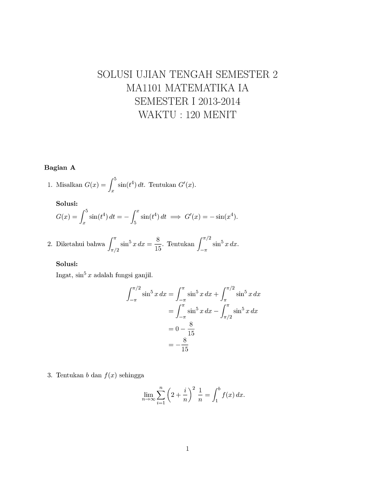 UTS 2 Solution - Kalkulus 1 - SOLUSI UJIAN TENGAH SEMESTER 2 MA1101 ...