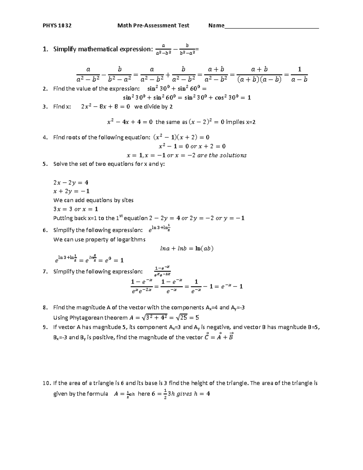 Phys 1032-Pre Assesment Test -Solution - PHYS 1032 Math Pre-Assessment ...