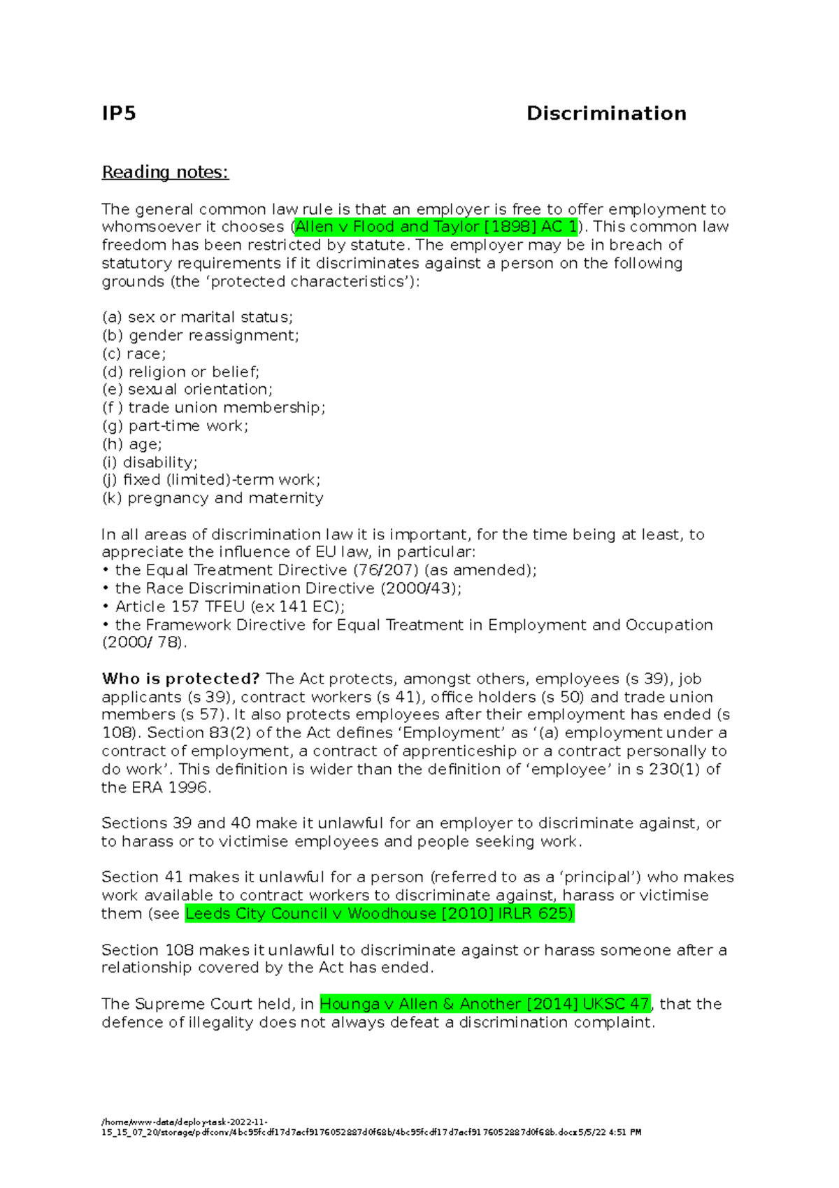 Employment 5 reading notes - Reading notes: The general common law rule ...
