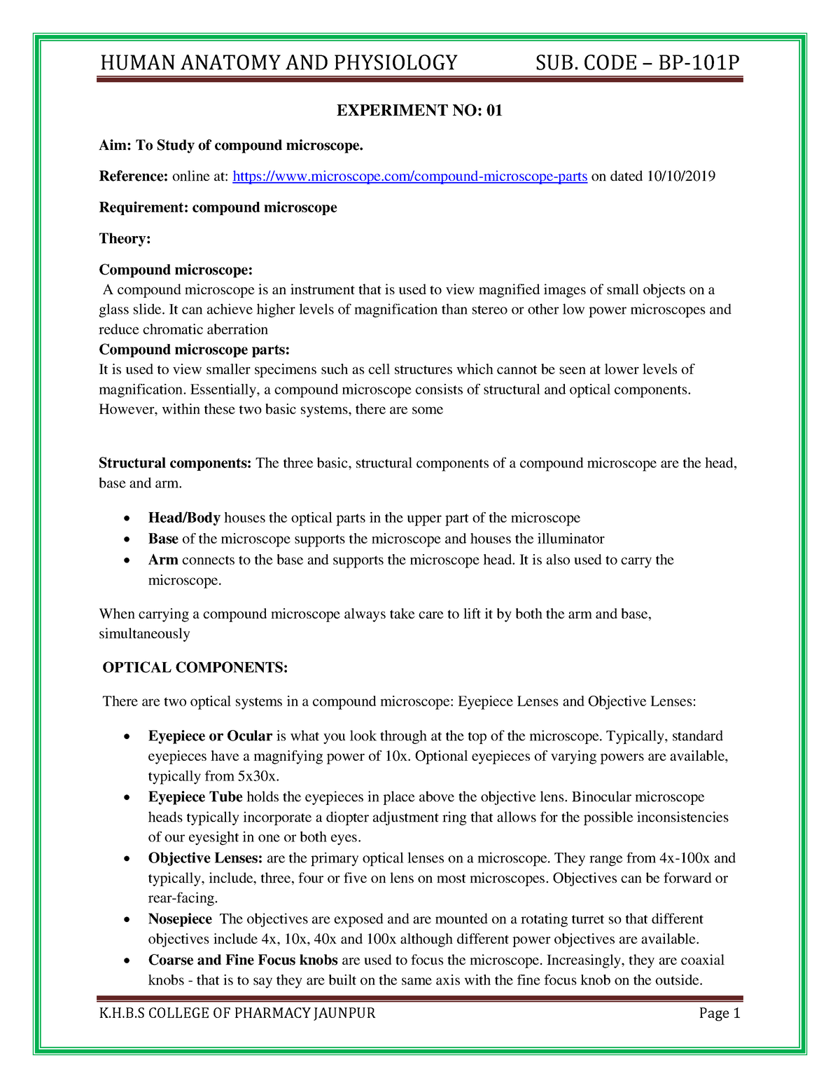 B. Pharm HAP Manual - EXPERIMENT NO: 01 Aim: To Study Of Compound ...