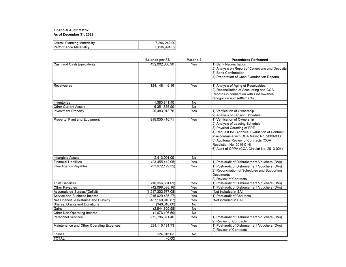 Financial Audit Matrix - Performance Materiality 5,836,994. Balance per ...