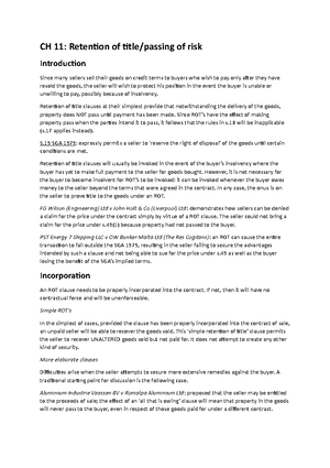 CH 11 notes - CH 11: The transfer of property and risk Overview ...