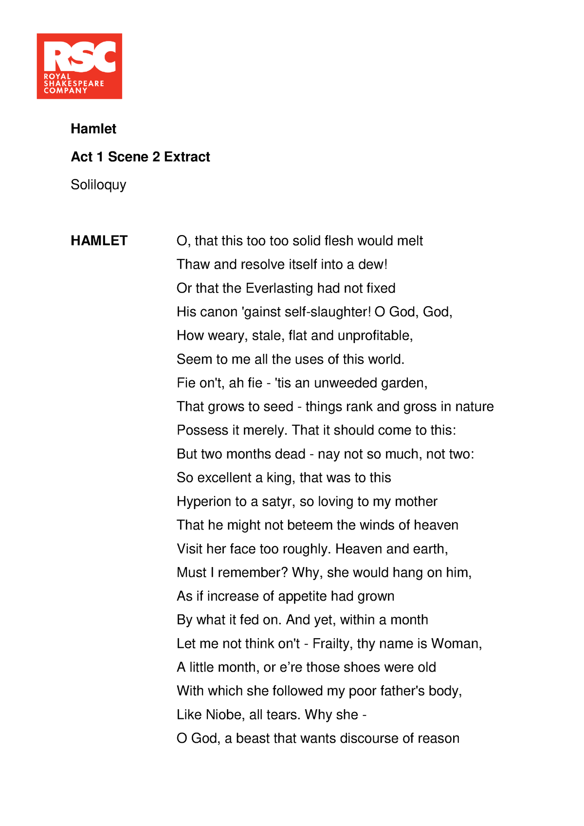 Soliloquy-extract - Summary English Honors - Hamlet Act 1 Scene 2 ...