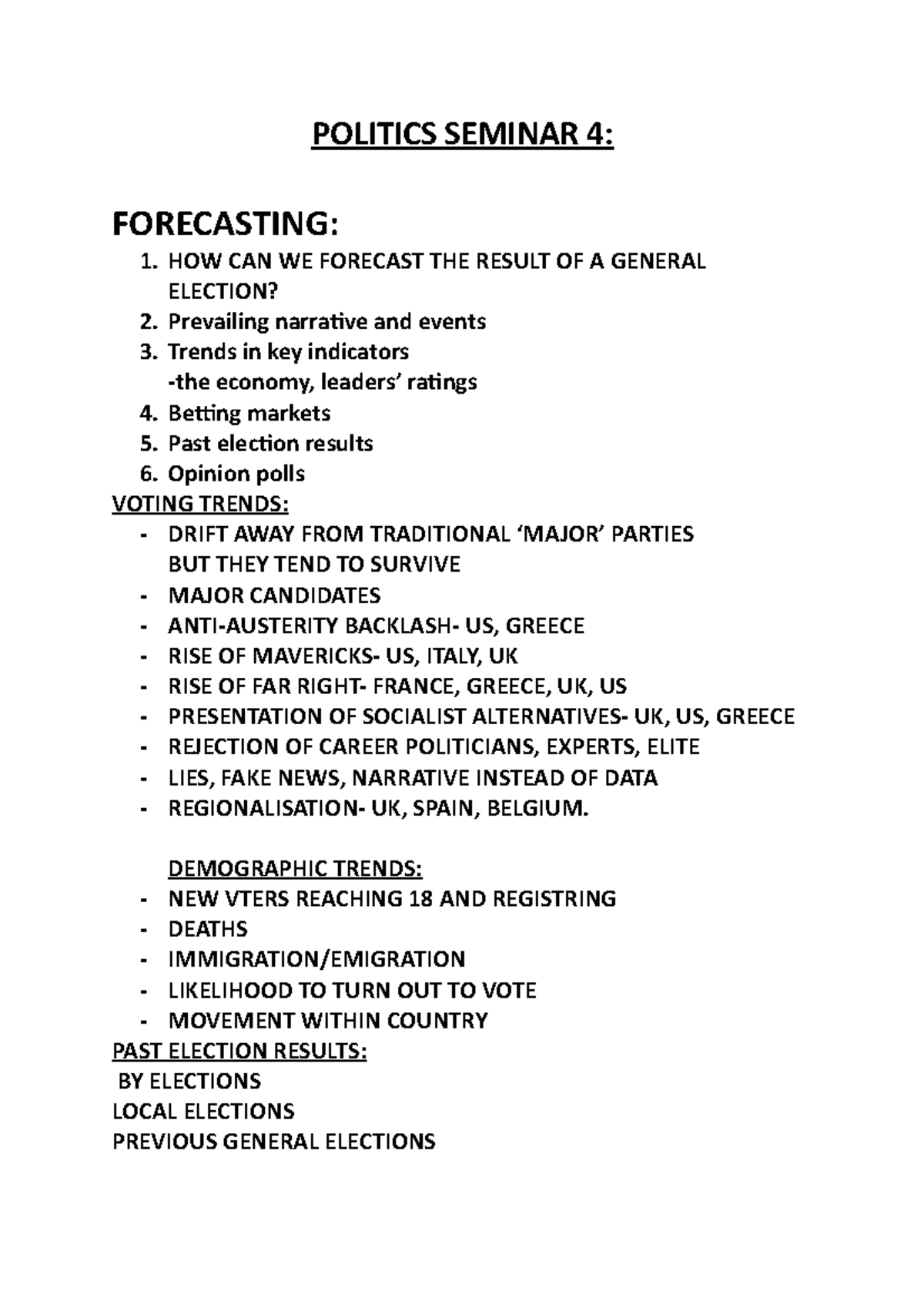 Politics Lecture 4 - POLITICS SEMINAR 4: FORECASTING: 1. HOW CAN WE ...