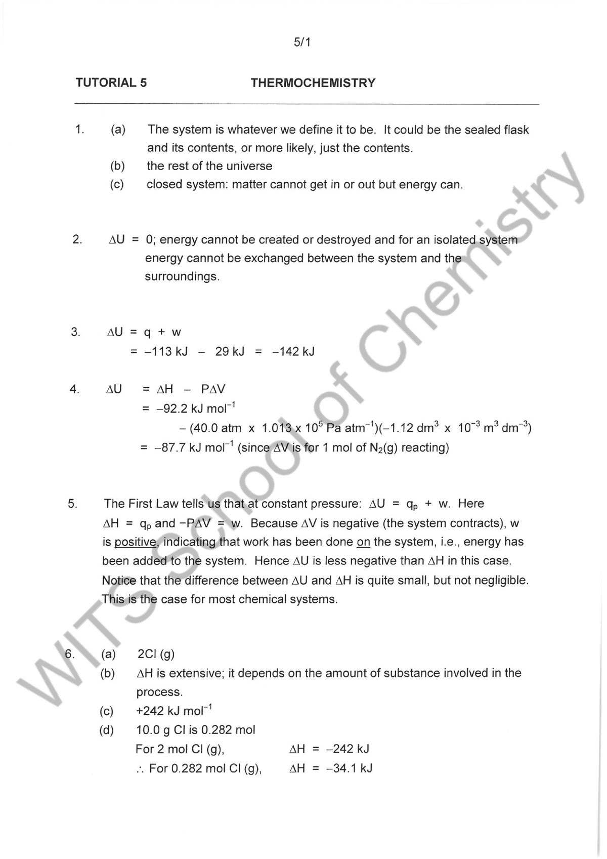 Tut5 soln - Solutions to tutorial 5 for CHEM1051A - CHEM1051A - Studocu