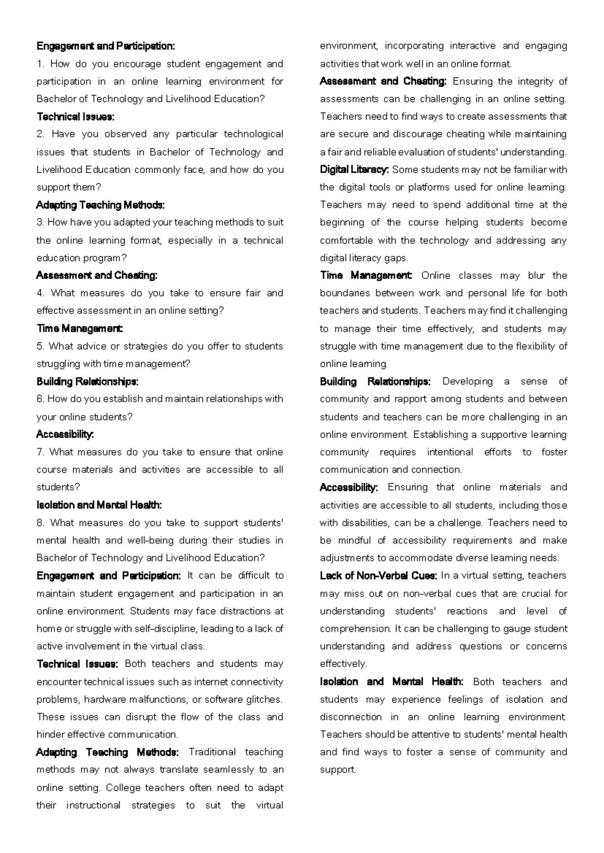For teacher questions - a guide for reviewing - Engagement and ...