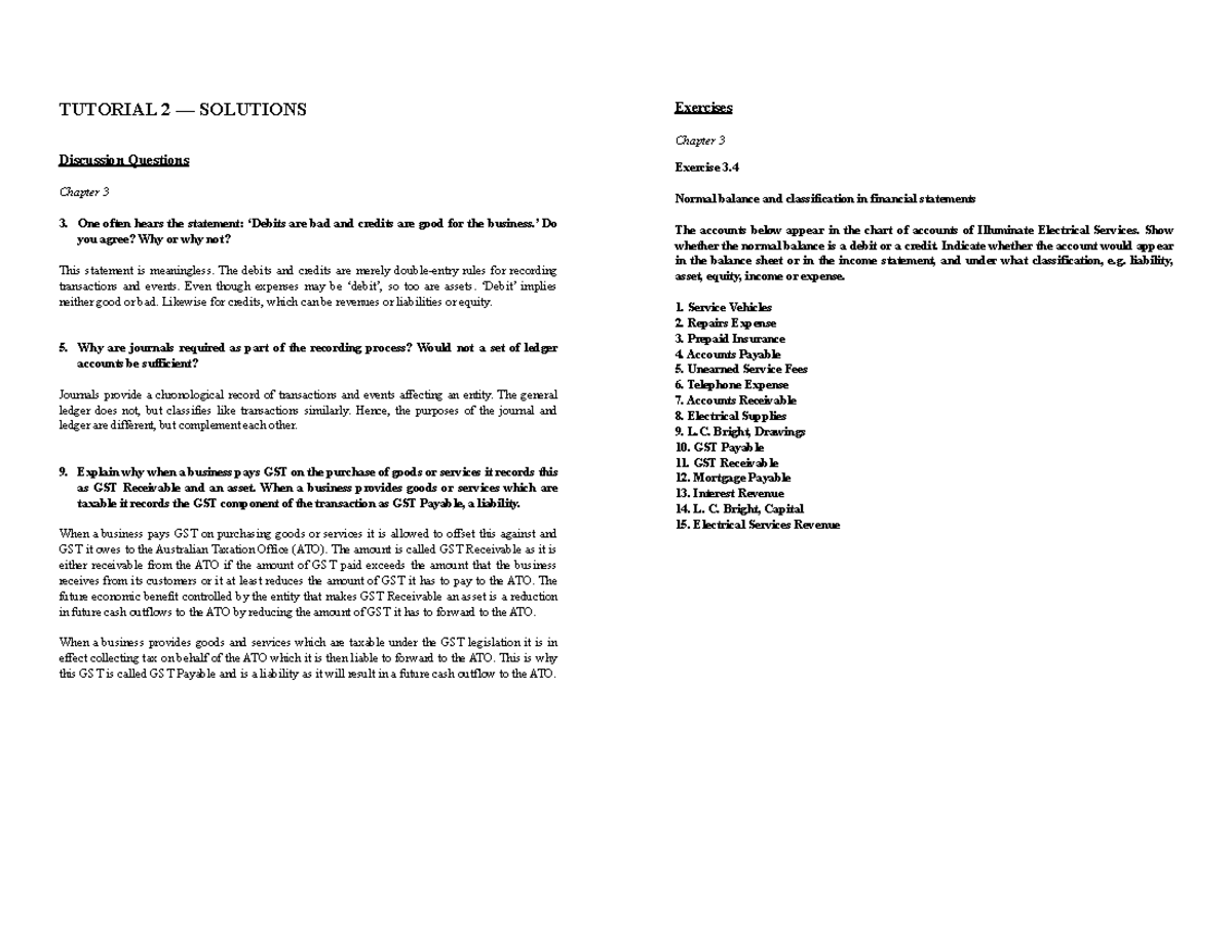 Tutorial 2 - Solutions - TUTORIAL 2 — SOLUTIONS Discussion Questions ...