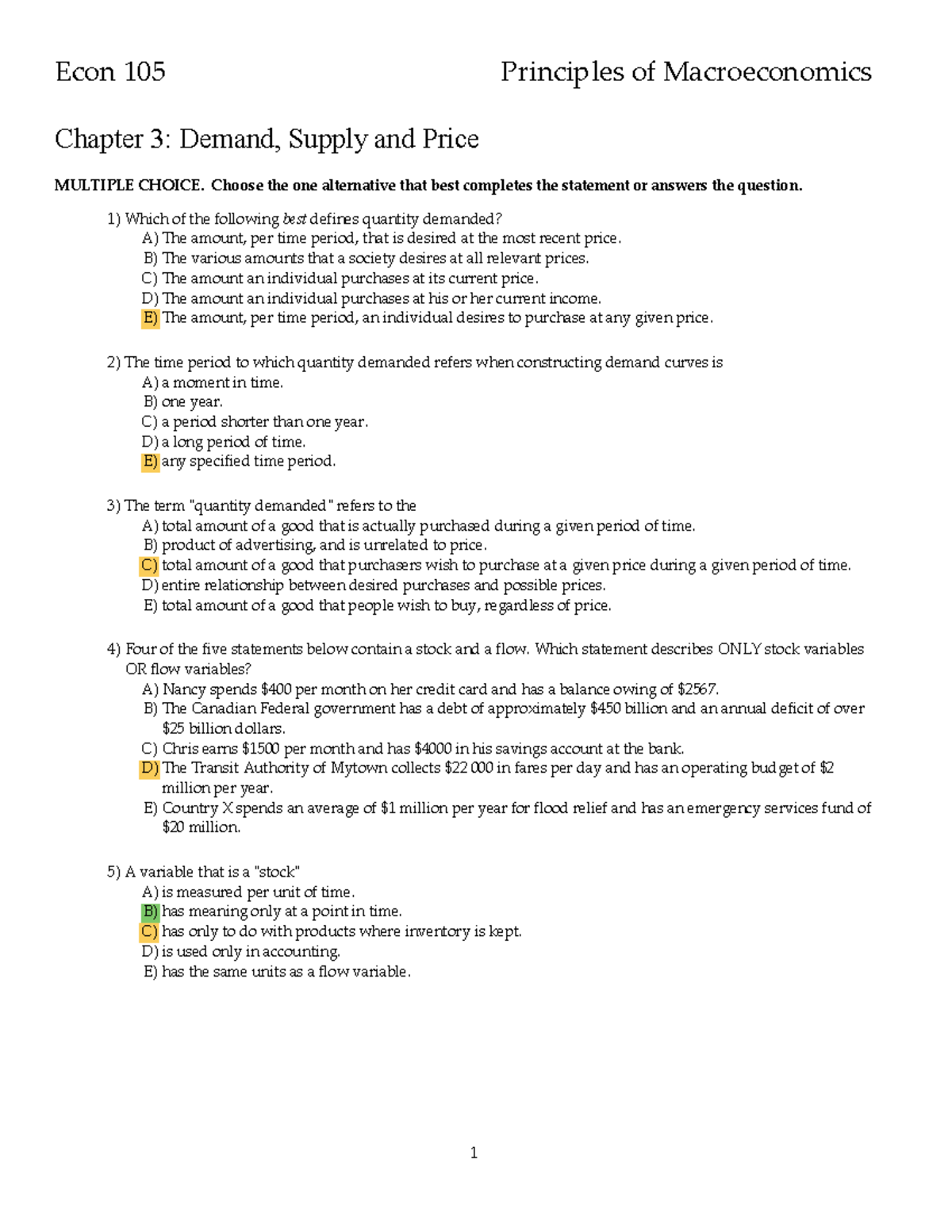 Econ 105 ch 3 practice mcq - Econ 105 Principles of - Studocu