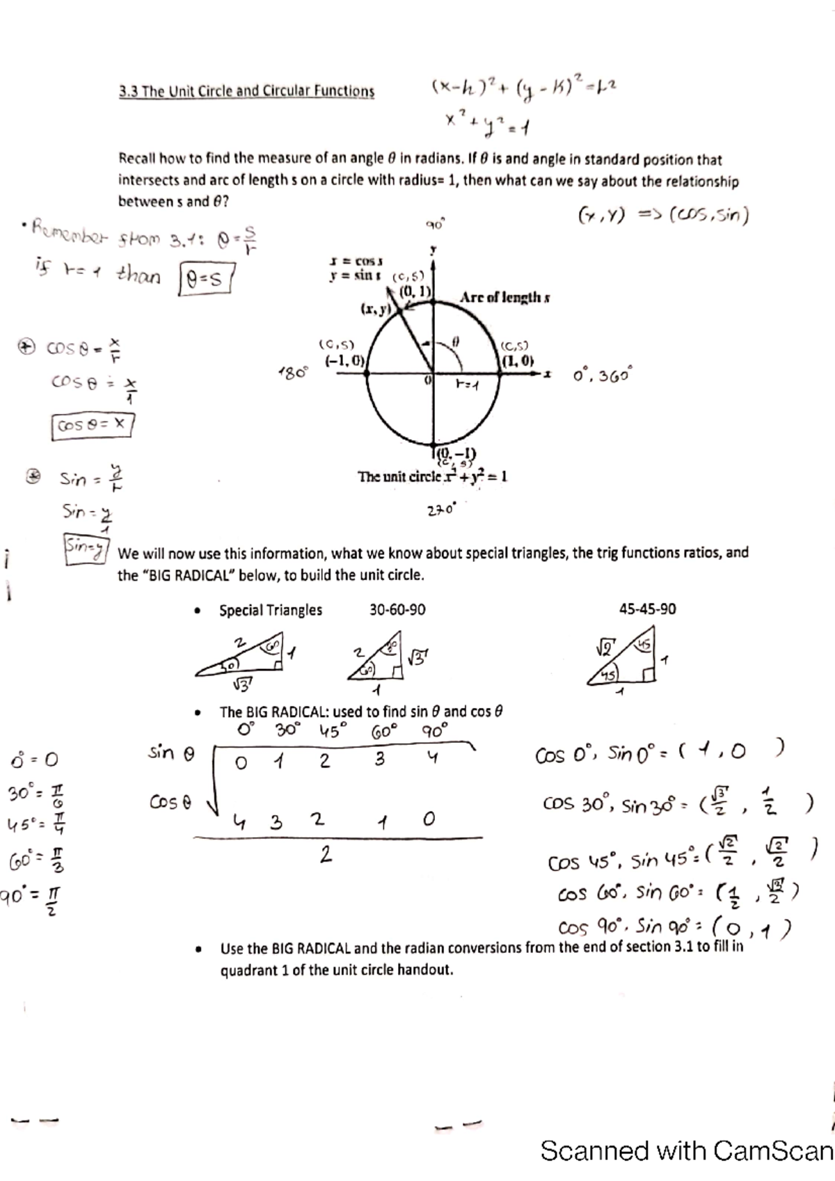 unit circle and trig functions - Math 1316 - Studocu