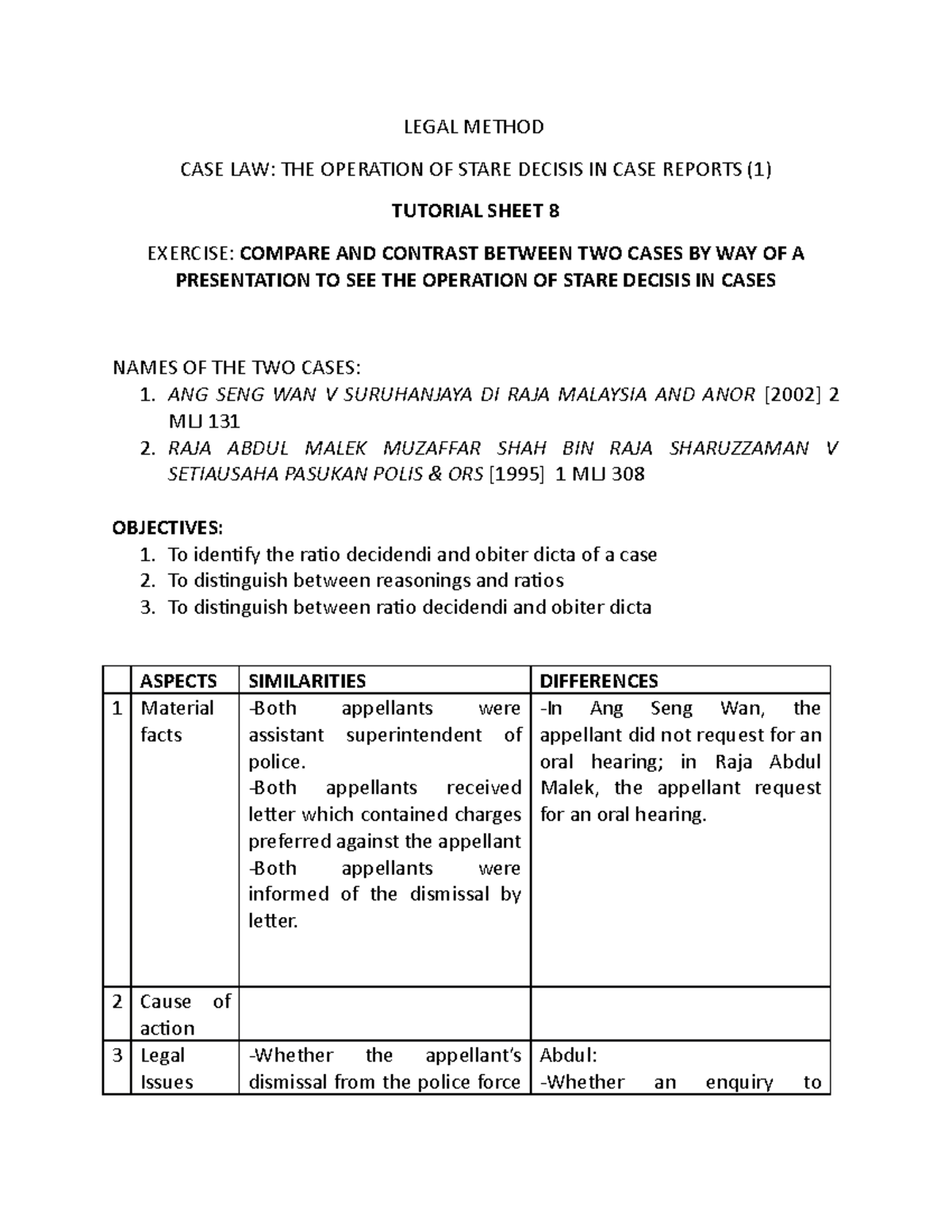 Tutorial Sheet 8 Case Law Comparing Cases Part 1 - LEGAL METHOD CASE ...
