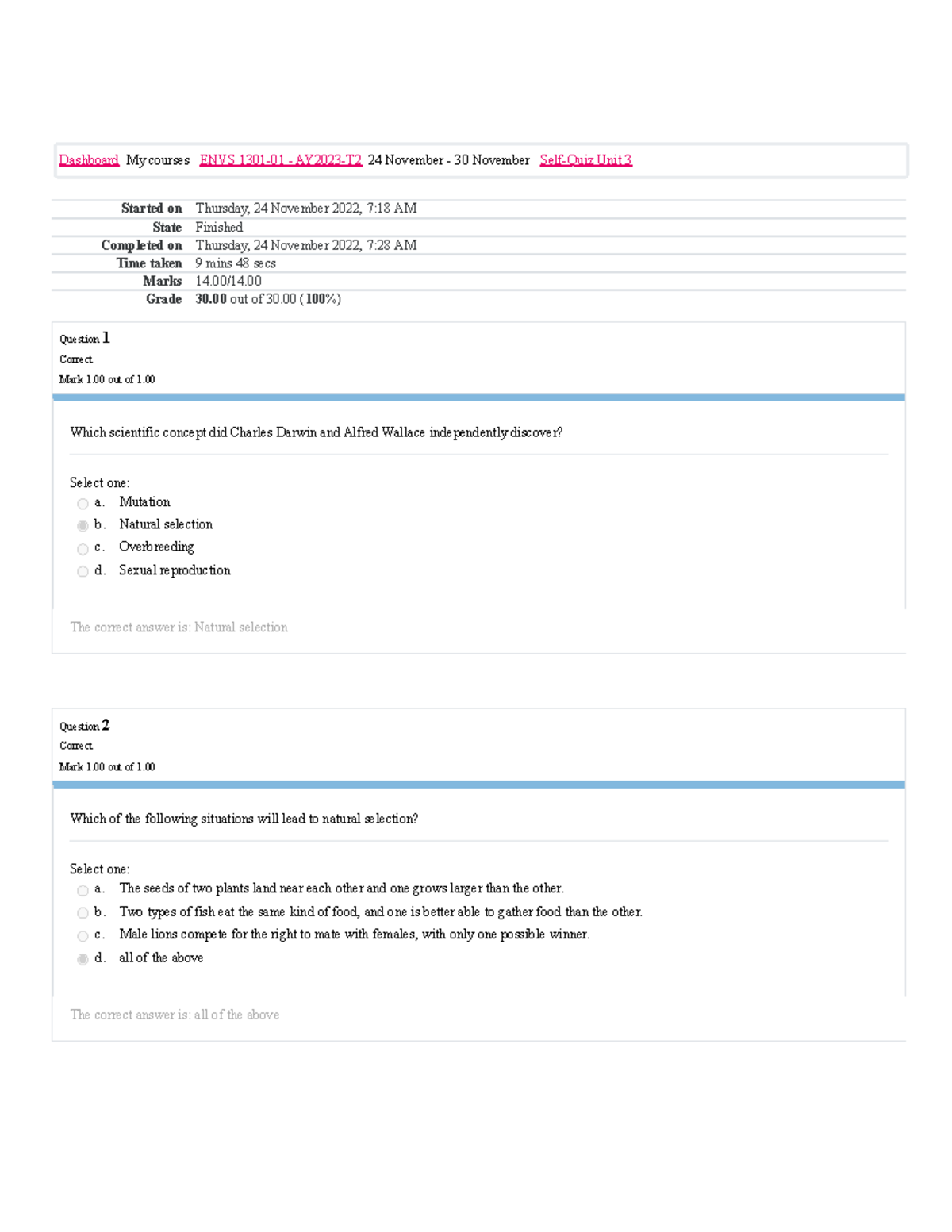 ENVS 1301 Self-Quiz Unit 3 Attempt Review - Started On Thursday, 24 ...