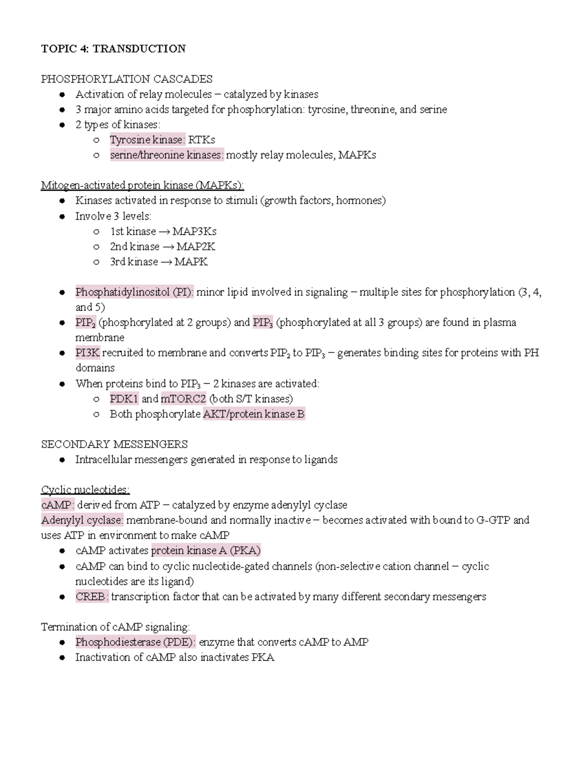 Midterm 2 Review TOPIC 4 TRANSDUCTION PHOSPHORYLATION CASCADES