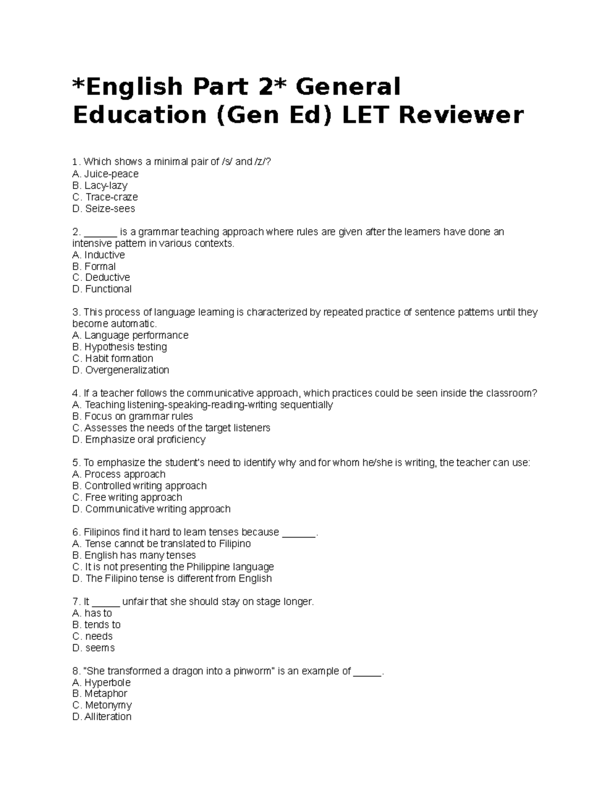 English Part 2 - LET Reviewer - English Part 2 General Education (Gen ...