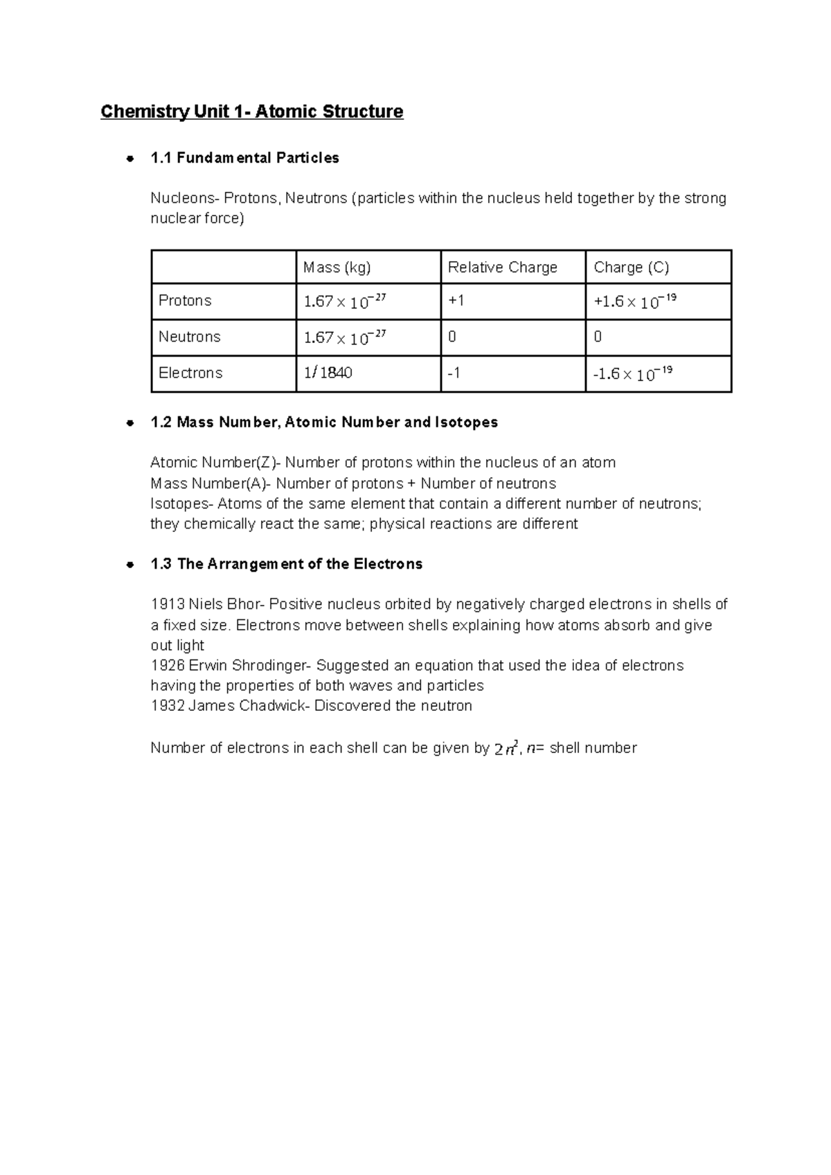 AQA Unit 1 Atomic Structure (1.1-1.3) - Chemistry Unit 1- Atomic ...