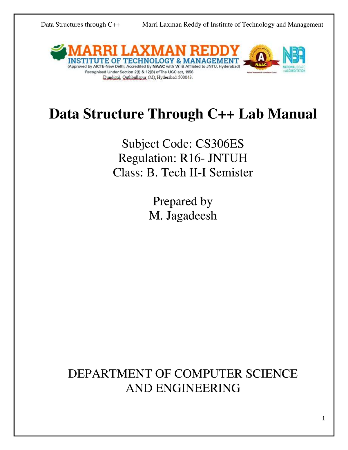 database Lab Manual Data Structure Through C++ Lab Manual Subject