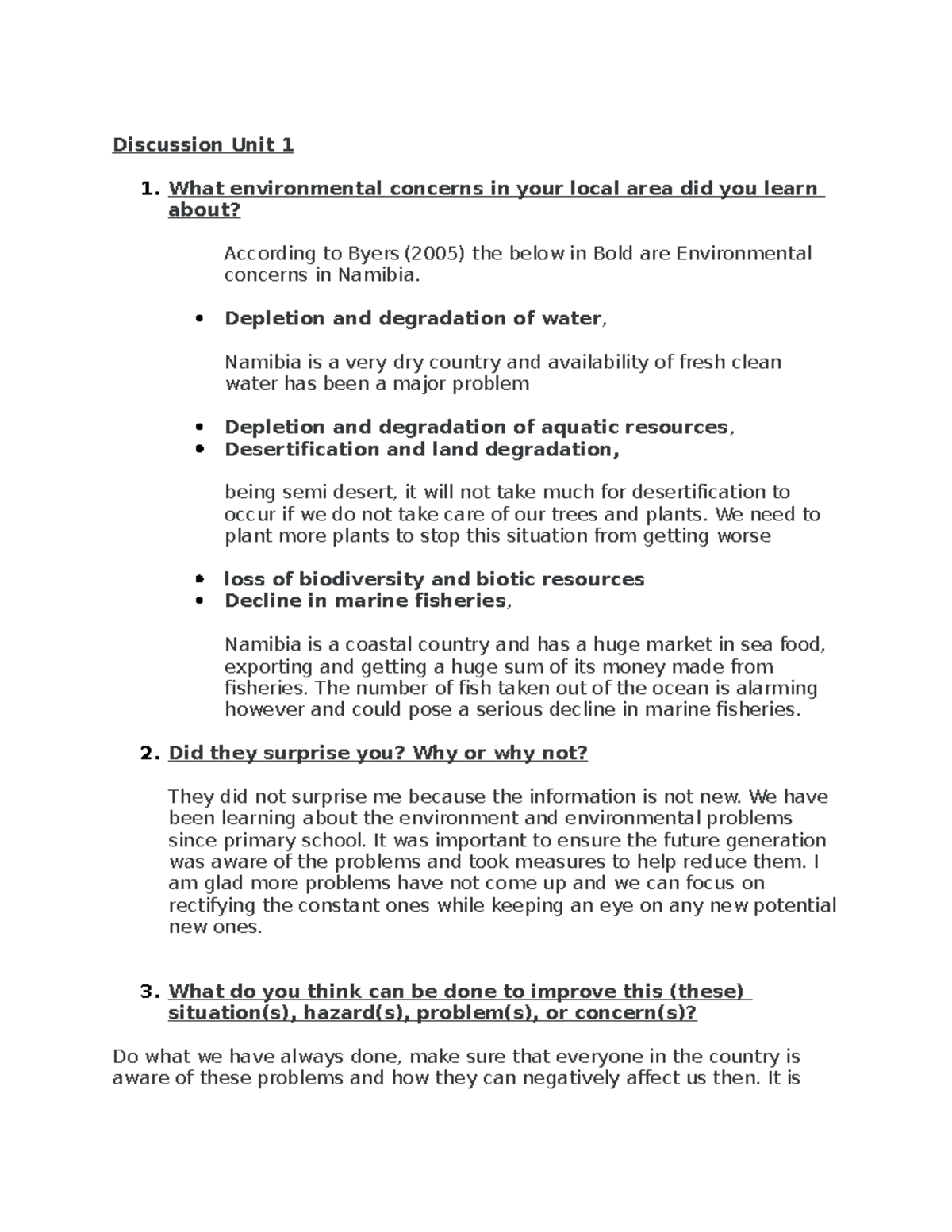 Discussion Unit 1 - What environmental concerns in your local area did ...